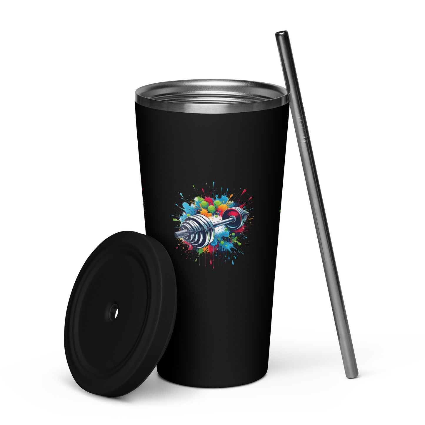 Insulated Tumbler With Straw - Barbell Print