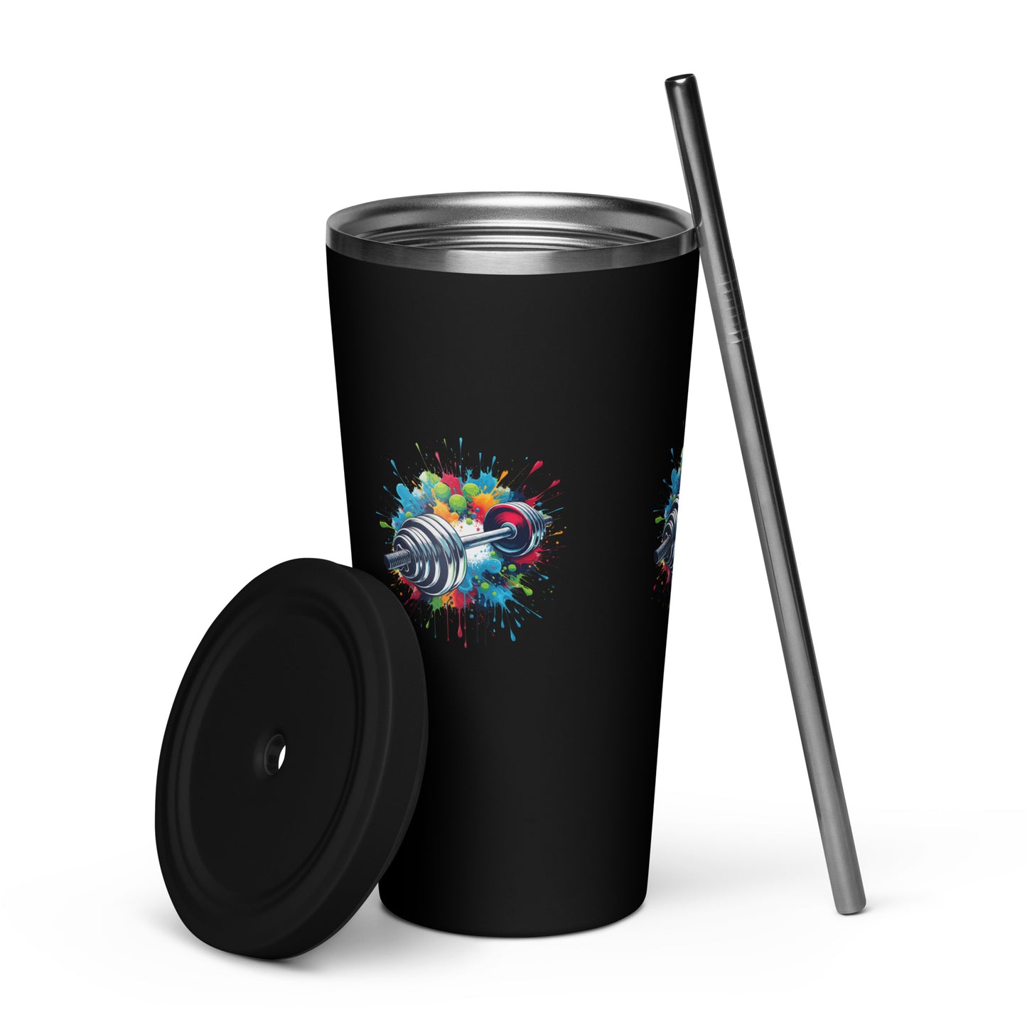 Insulated Tumbler With Straw - Barbell Print