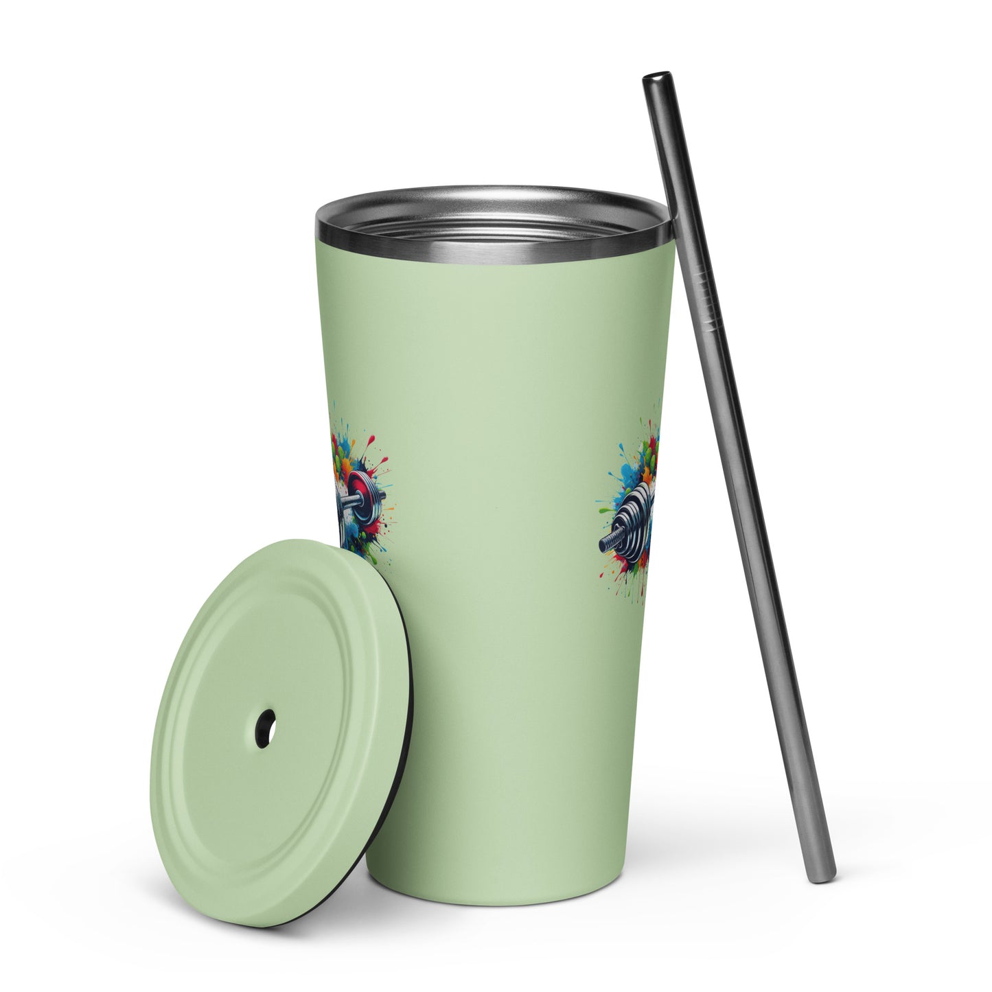 Insulated Tumbler With Straw - Barbell Print