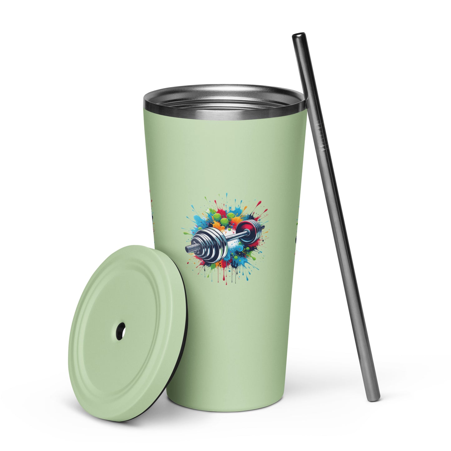 Insulated Tumbler With Straw - Barbell Print