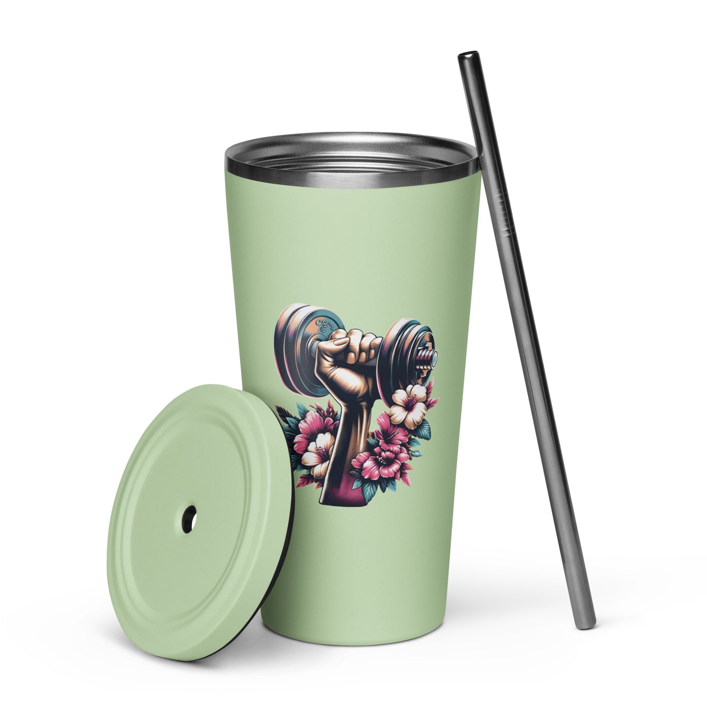 Insulated Tumbler With Straw - Dumbbell Print