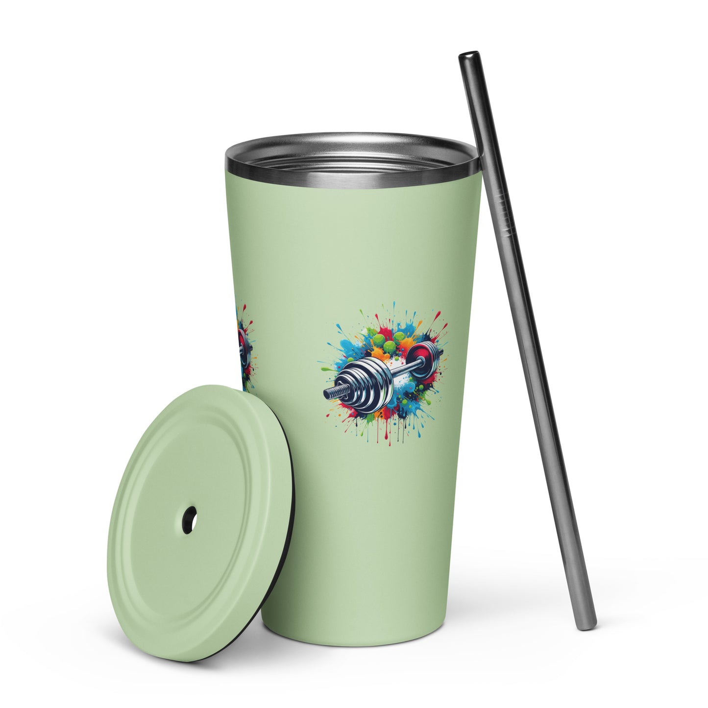 Insulated Tumbler With Straw - Barbell Print