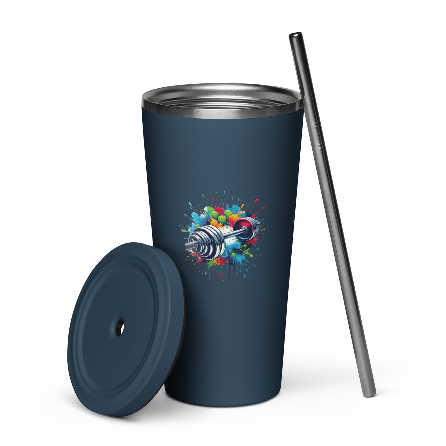 Insulated Tumbler With Straw - Barbell Print