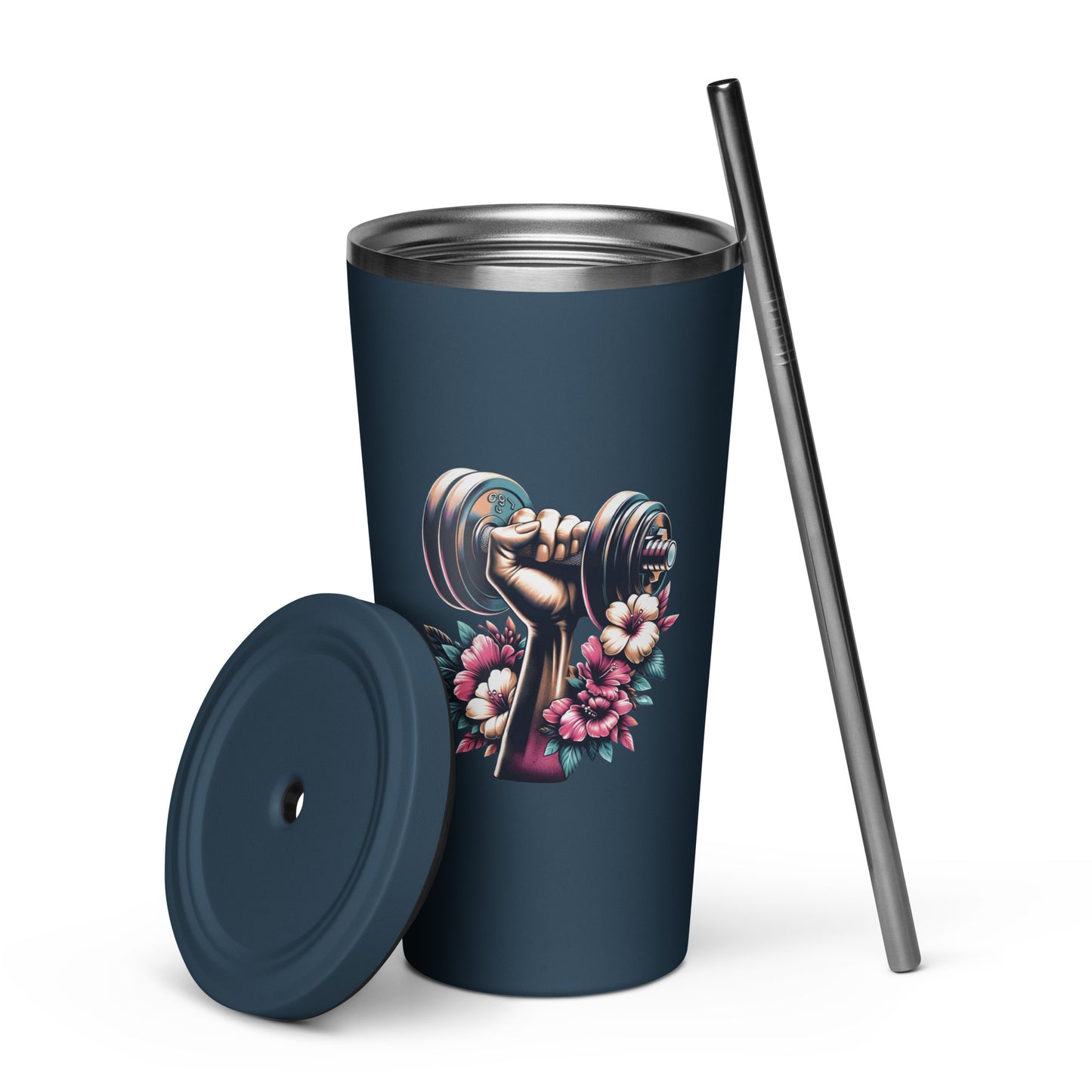 Insulated Tumbler With Straw - Dumbbell Print