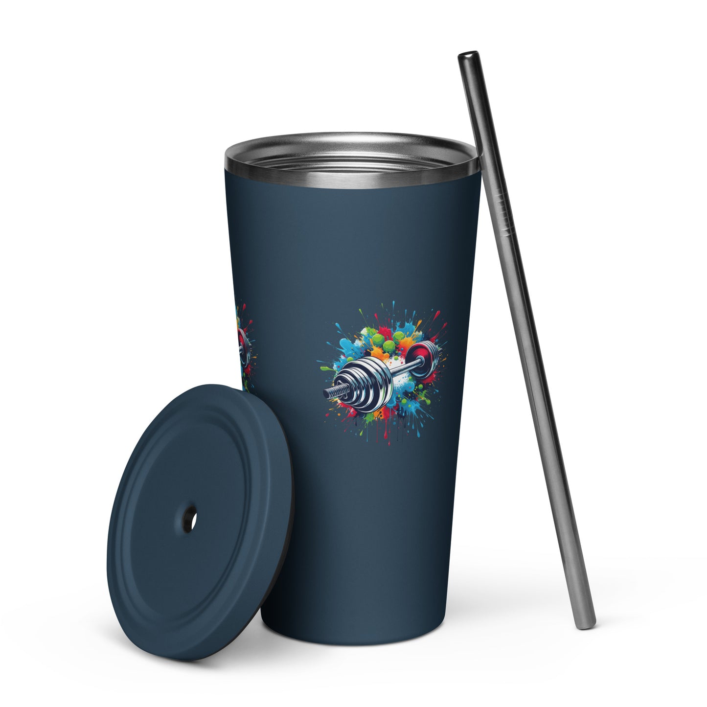 Insulated Tumbler With Straw - Barbell Print