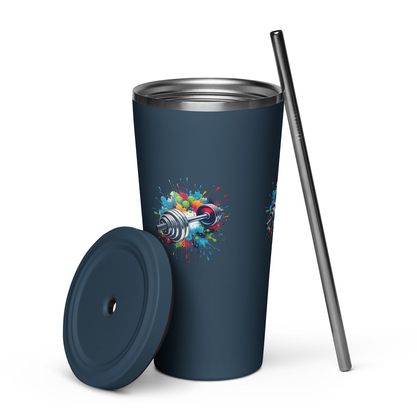 Insulated Tumbler With Straw - Barbell Print