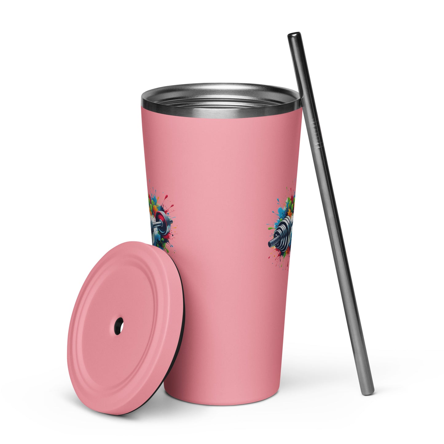 Insulated Tumbler With Straw - Barbell Print