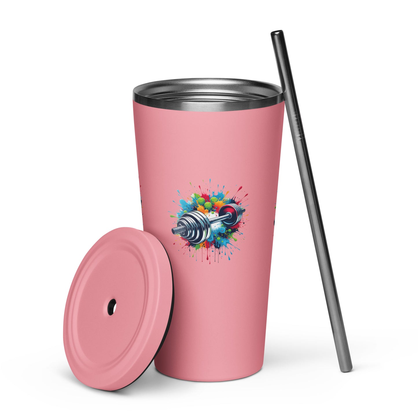 Insulated Tumbler With Straw - Barbell Print