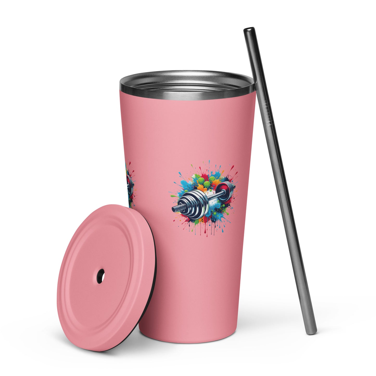 Insulated Tumbler With Straw - Barbell Print