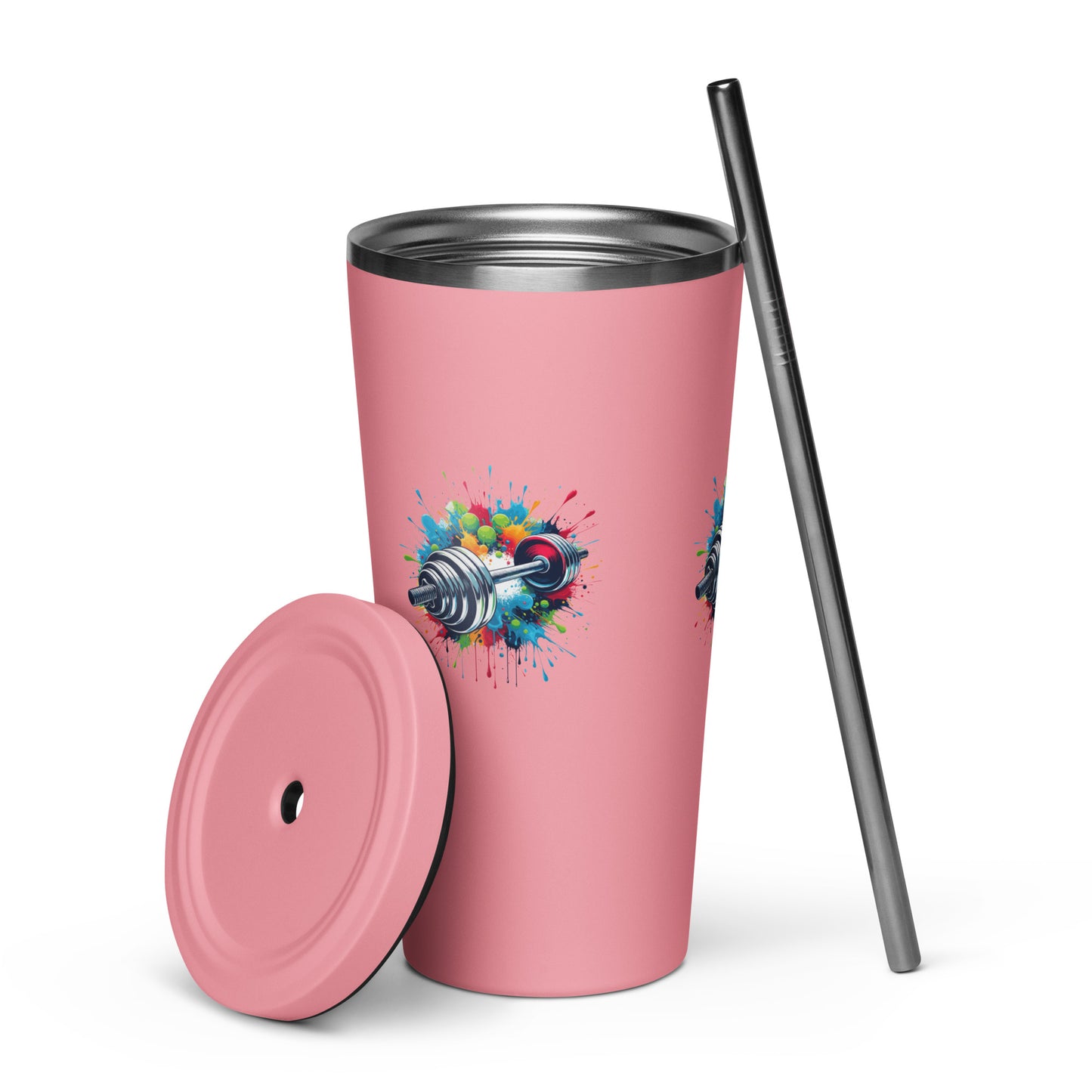 Insulated Tumbler With Straw - Barbell Print