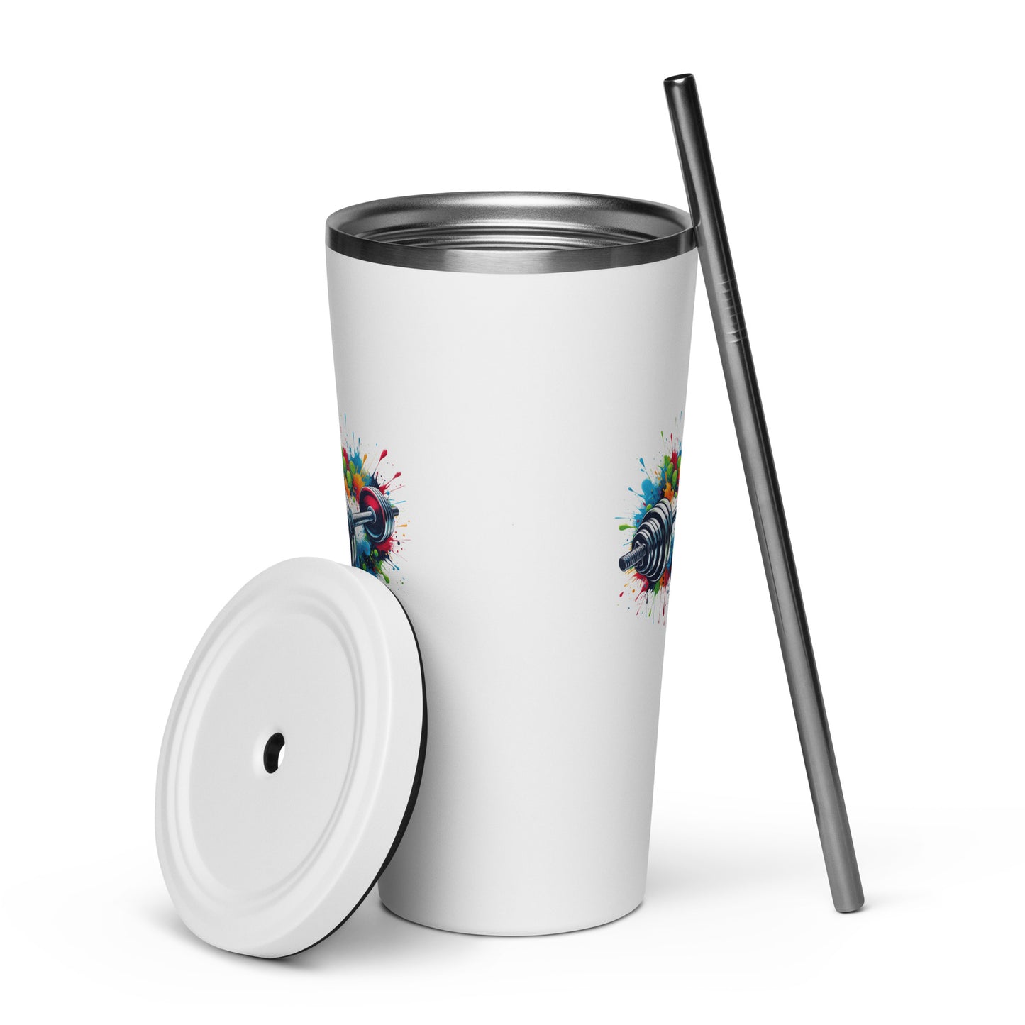 Insulated Tumbler With Straw - Barbell Print