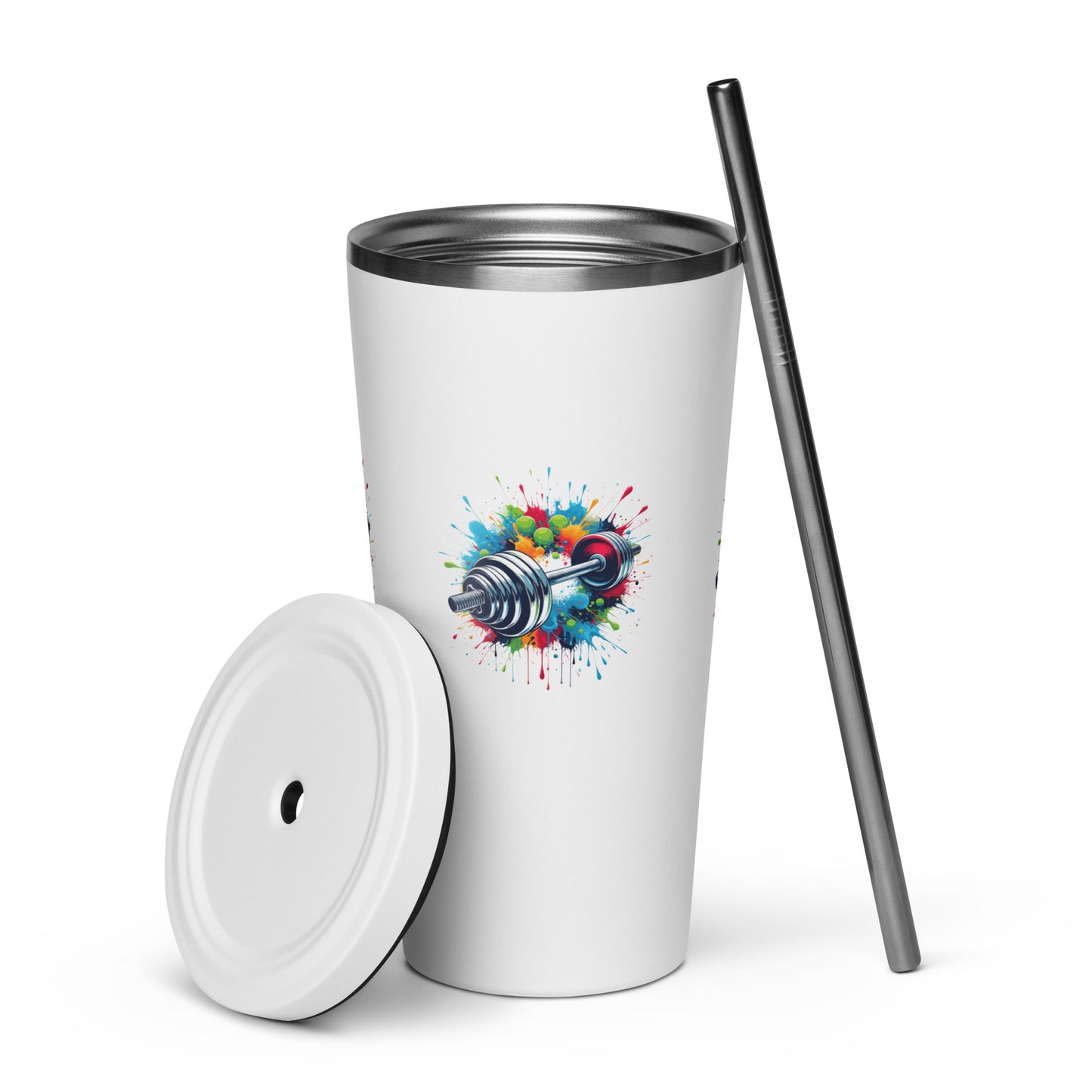 Insulated Tumbler With Straw - Barbell Print