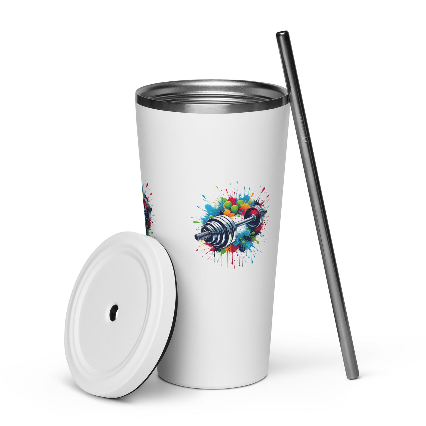 Insulated Tumbler With Straw - Barbell Print