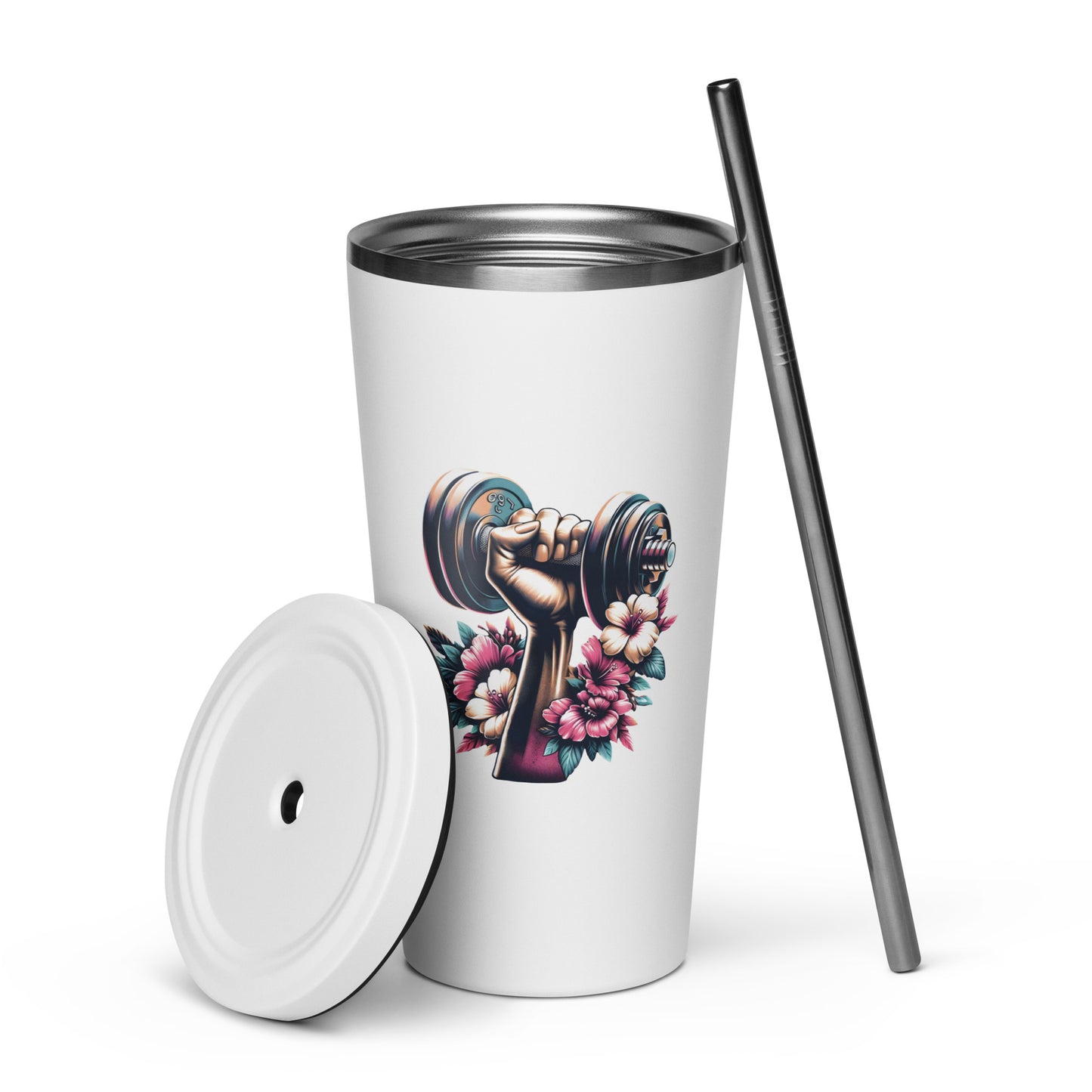 Insulated Tumbler With Straw - Dumbbell Print