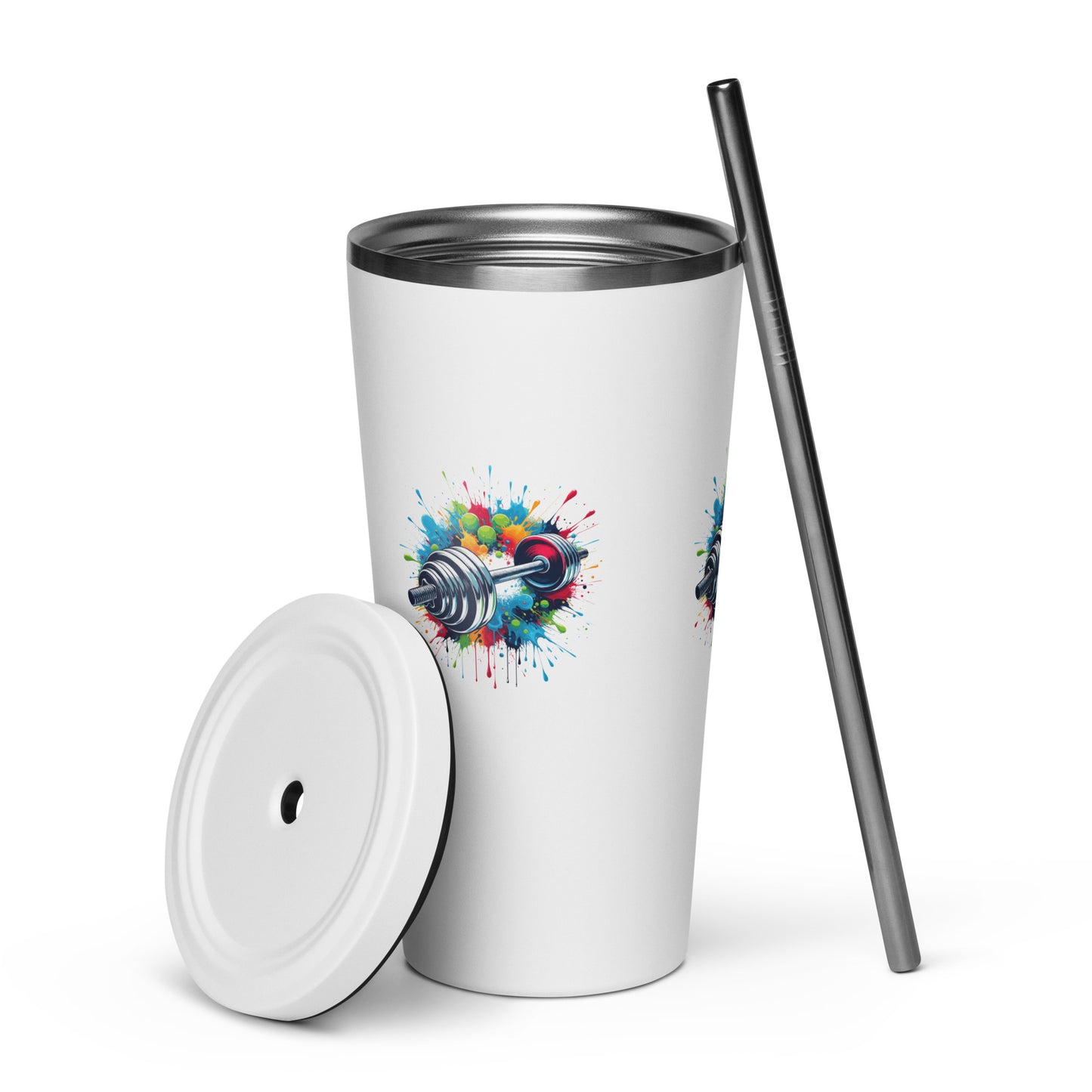 Insulated Tumbler With Straw - Barbell Print